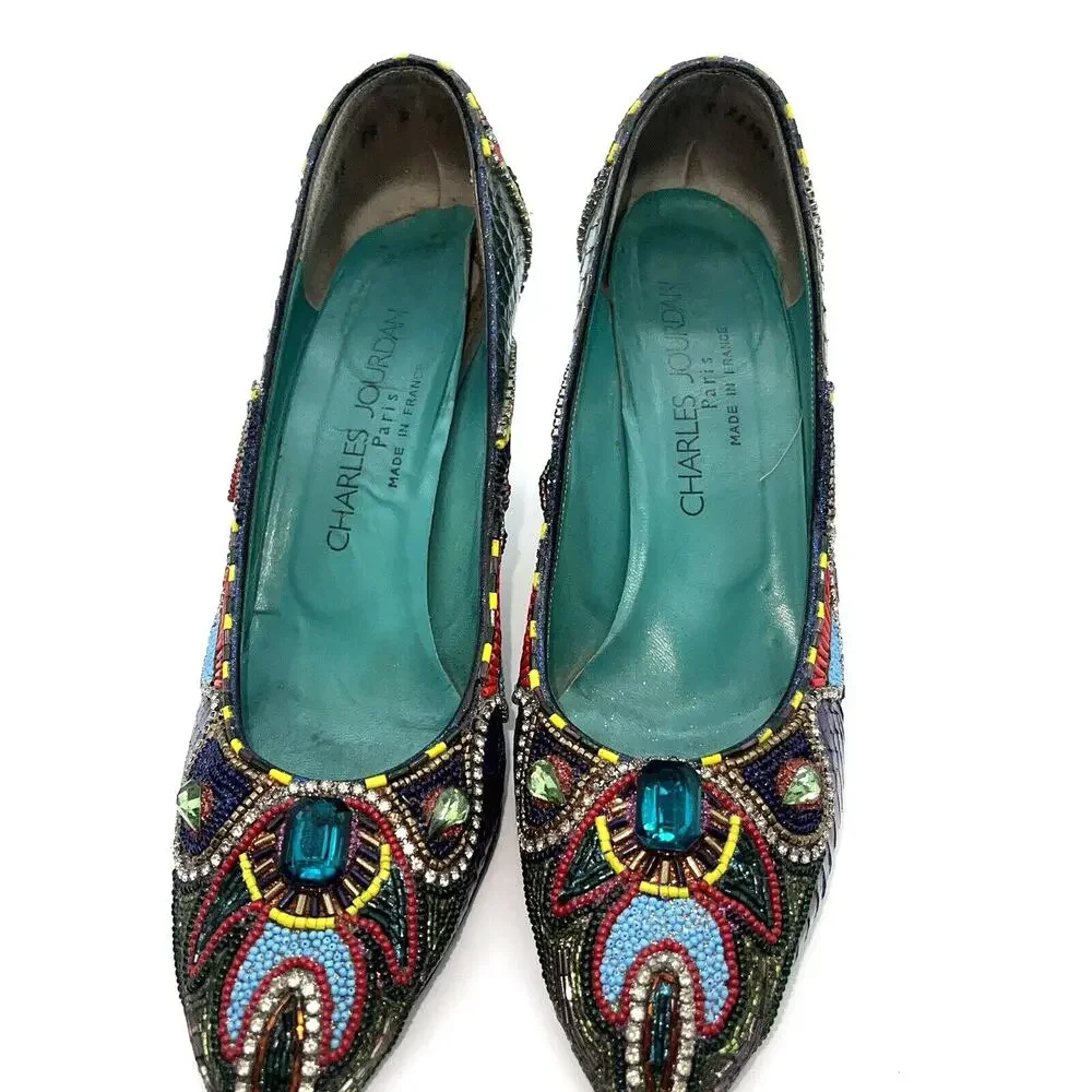 Bradley Levin Beaded Heels Womens 8 Charles Jourdan 80s 90s Vintage Rare Unique - Picture 12 of 15